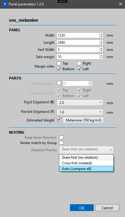 FastNesting panel per material settings for material-specific sheet dimensions