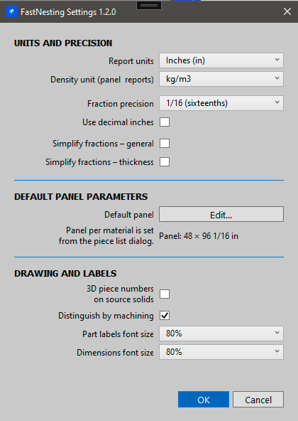 FastNesting settings with inch decimal and fractional options