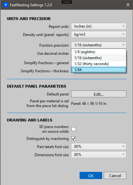 FastNesting settings fraction precision dropdown for inches